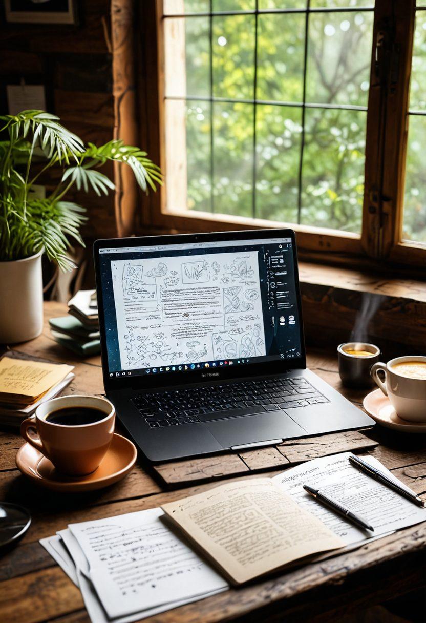 An open laptop on a wooden table, surrounded by scattered notes and a steaming cup of coffee, depicting a writer deep in thought. The screen shows a vibrant article layout filled with engaging content. Sunlight filters through a window, illuminating the scene, while creative elements like doodles and inspirational quotes float around. The atmosphere should feel warm and inviting, symbolizing creativity and passion for blogging. super-realistic. warm colors. cozy workspace.