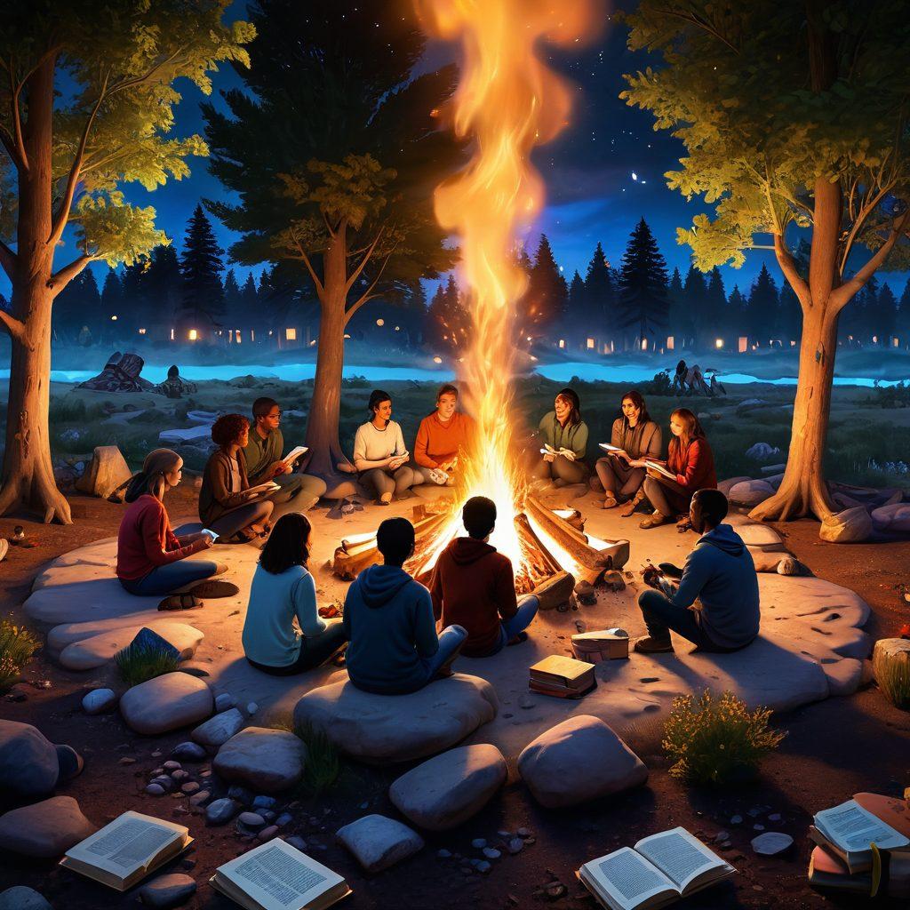 An inviting digital landscape featuring diverse people sharing stories around a virtual campfire, with glowing books and speech bubbles representing their tales. The scene should reflect a warm and inclusive community atmosphere, enhanced by vibrant colors and whimsical elements like floating words and animated illustrations. This imagery should evoke the spirit of connection and narrative. super-realistic. vibrant colors. 3D.