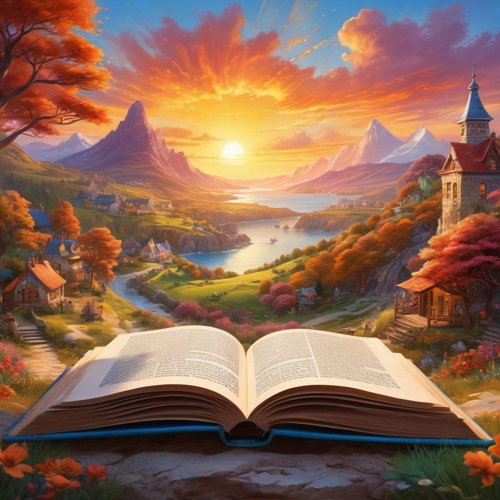 A whimsical landscape featuring an open book with vibrant pages that transform into colorful stories swirling around, illustrating diverse lifestyles, from cozy moments to adventurous travels. In the background, a sunrise symbolizes new beginnings and inspiration. Include diverse characters engaged in storytelling around the book. vibrant colors. fantasy art. 3D.